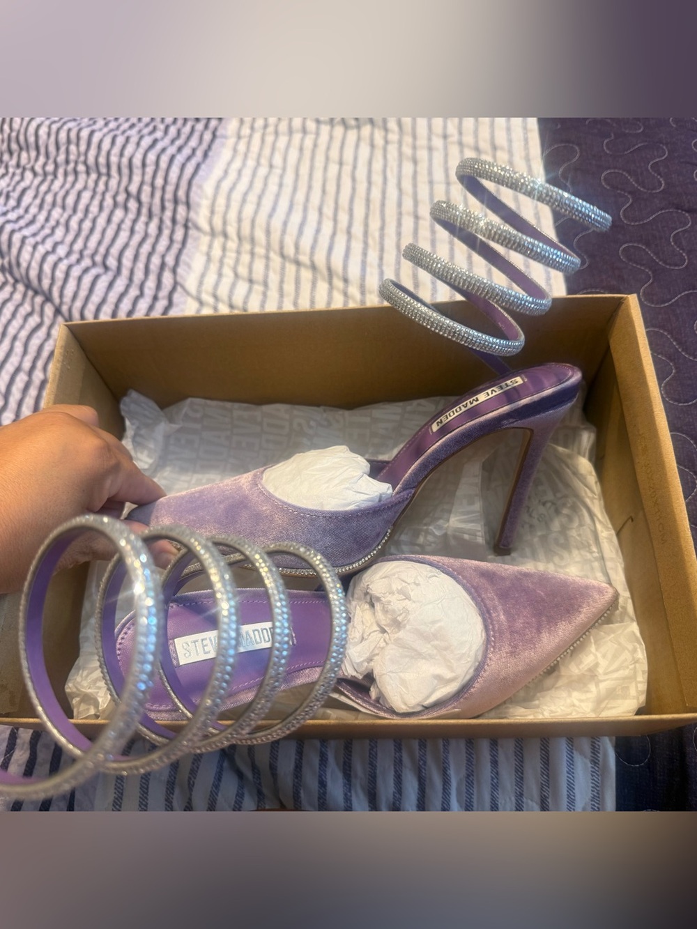Steve Madden Lavender Velvet Satin Pointed-Toe Spiral Crystal Strap Heels - Picture 4 of 6